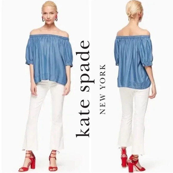 kate spade Tops - Kate Spade Chambray Off The Shoulder Top, Small, Broome Street denim blouse